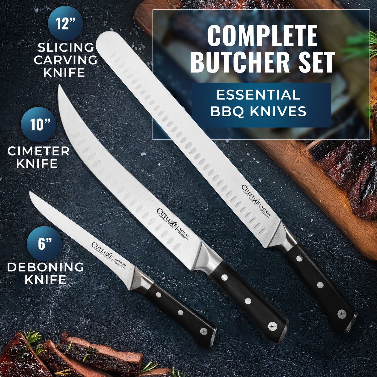 Product image 4 of 10: Complete butcher set with 12" slicing, 10" cimeter, and 6" deboning knives for BBQ and kitchen use