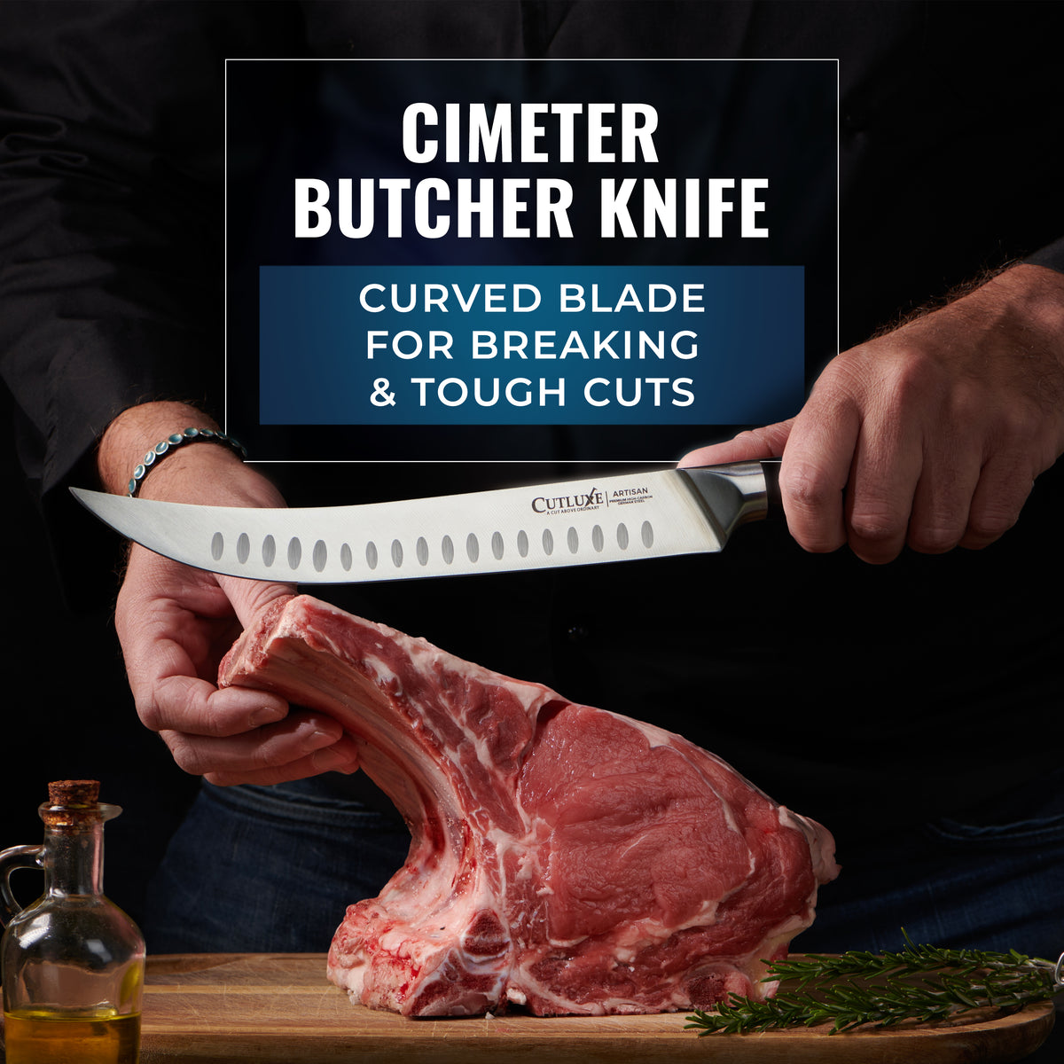 Product image 5 of 10: Cimeter butcher knife with curved blade cutting raw meat on wooden board
