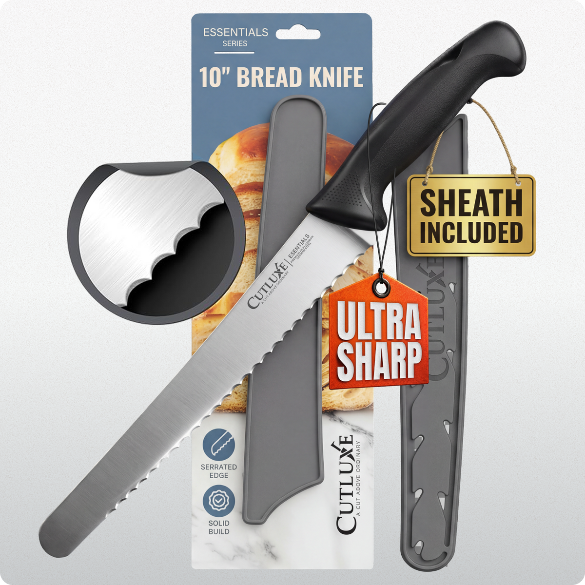 Product image 9 of 9: 10-inch serrated bread knife with sheath, ultra-sharp blade for kitchen use, essentials series