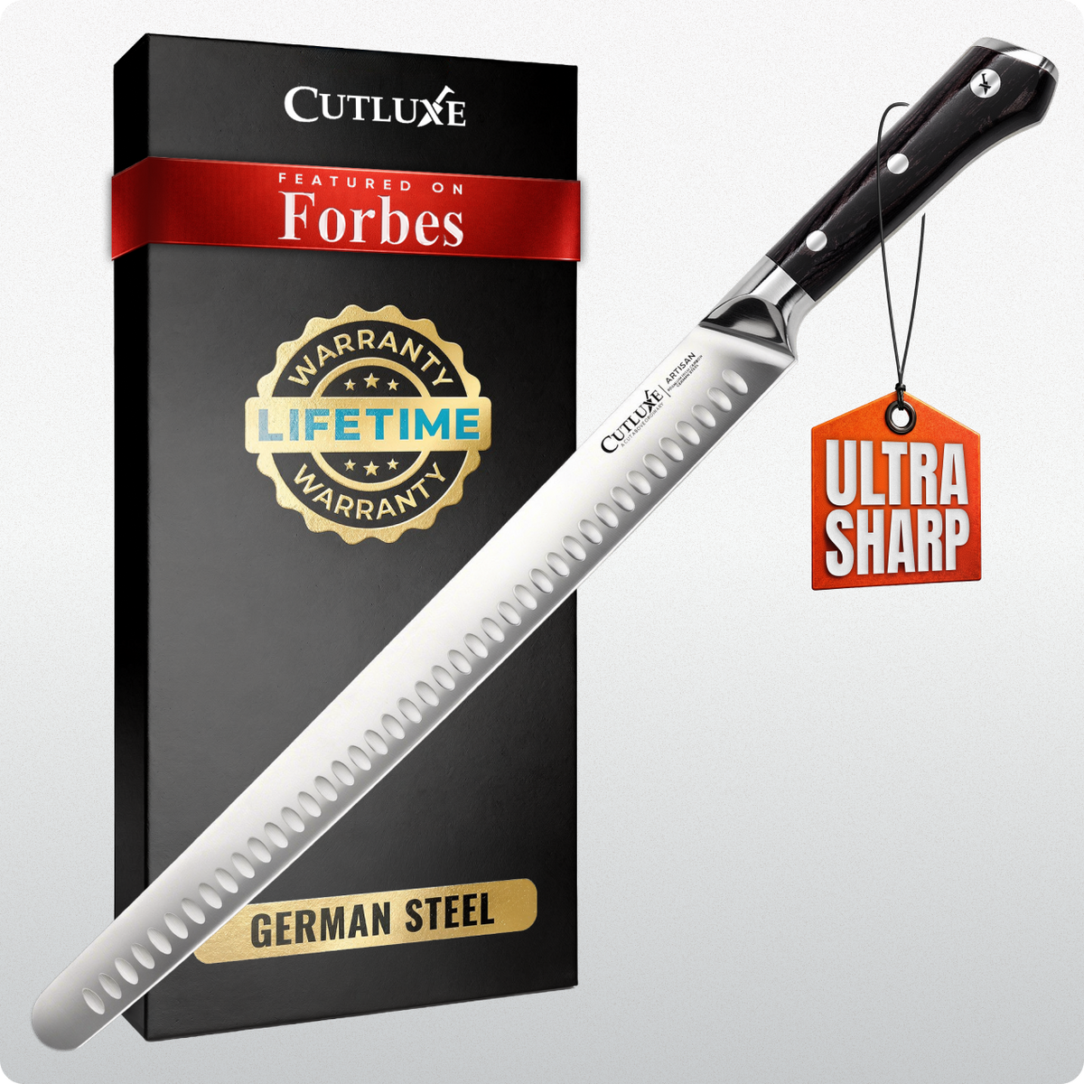 Product image 10 of 10: Ultra sharp German steel kitchen knife with lifetime warranty, featured on Forbes, in sleek black packaging.