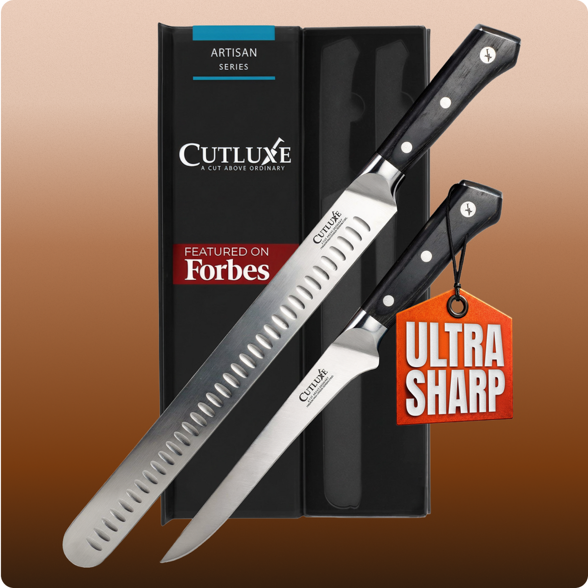 Product image 1 of 10: Ultra sharp artisan kitchen knives with sleek black handles and stainless steel blades, featured on Forbes
