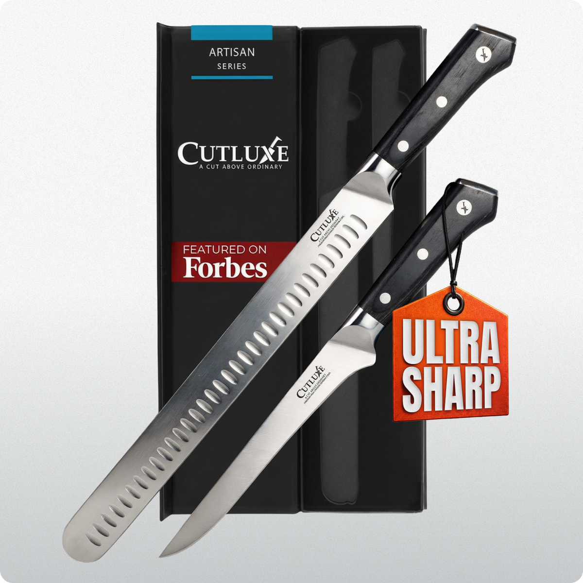 Product image 10 of 10: Ultra sharp artisan kitchen knives with black handles, displayed with branded box and Forbes feature tag