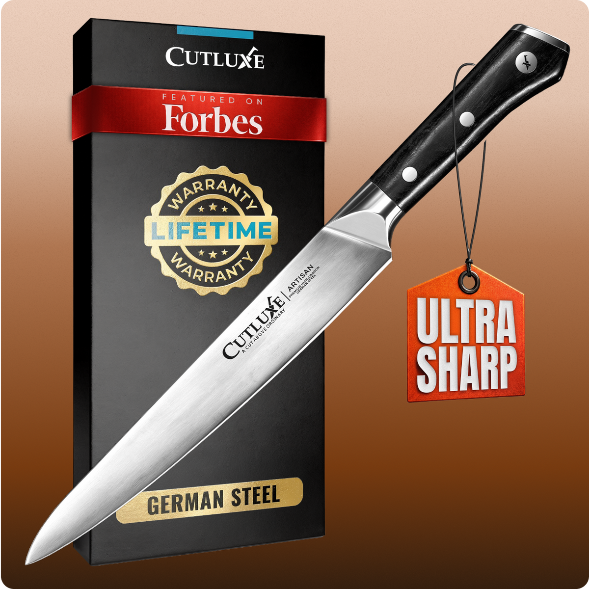 Product image 1 of 7: Ultra sharp German steel kitchen knife with lifetime warranty, featured on Forbes