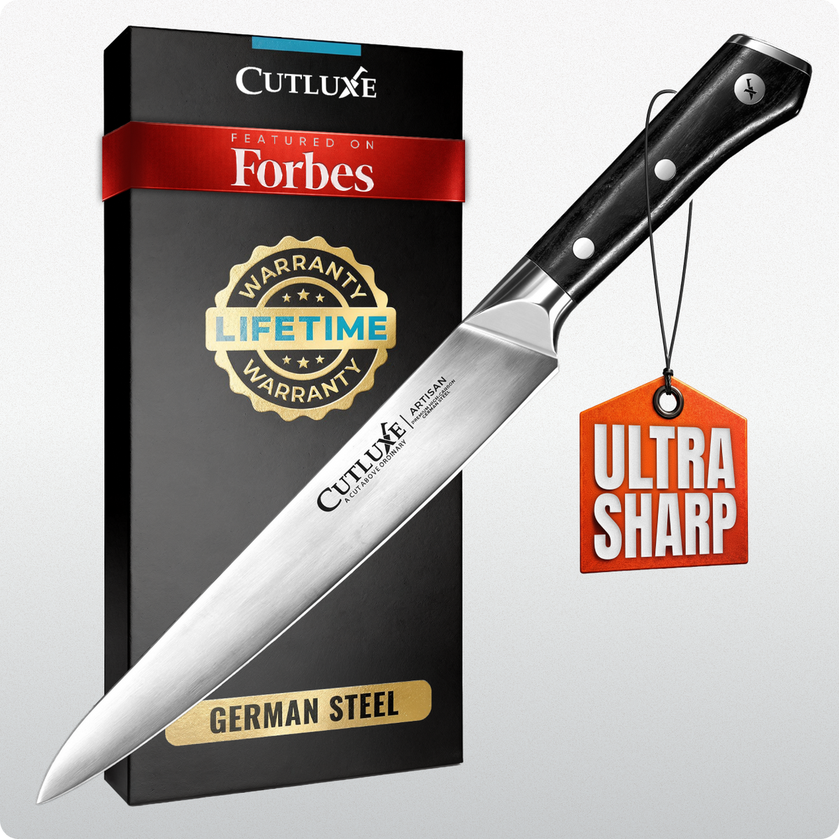 Product image 7 of 7: Ultra sharp German steel kitchen knife with lifetime warranty, featured on Forbes