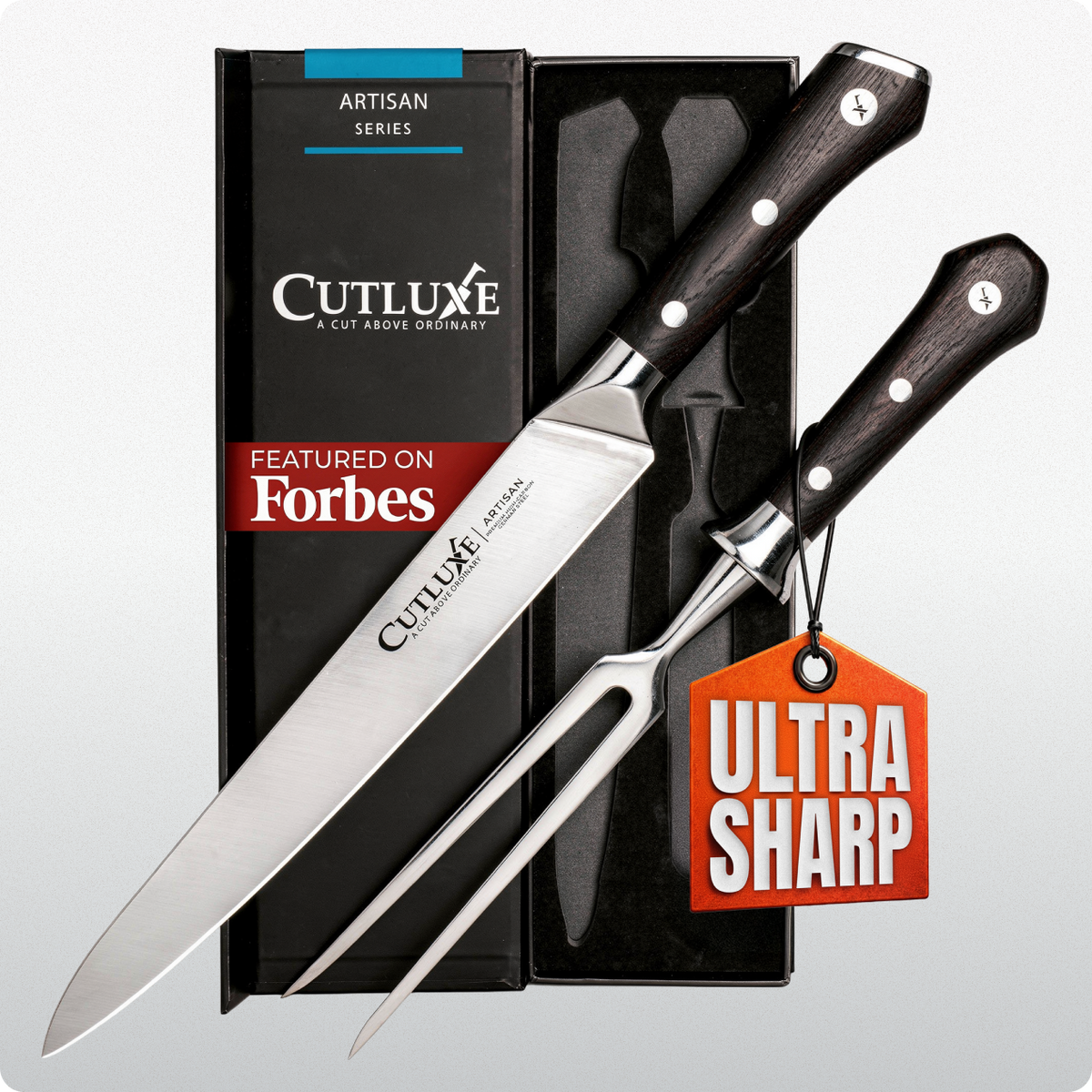 Product image 11 of 11: Ultra sharp artisan carving knife and fork set with wooden handles, featured on Forbes, in elegant black box