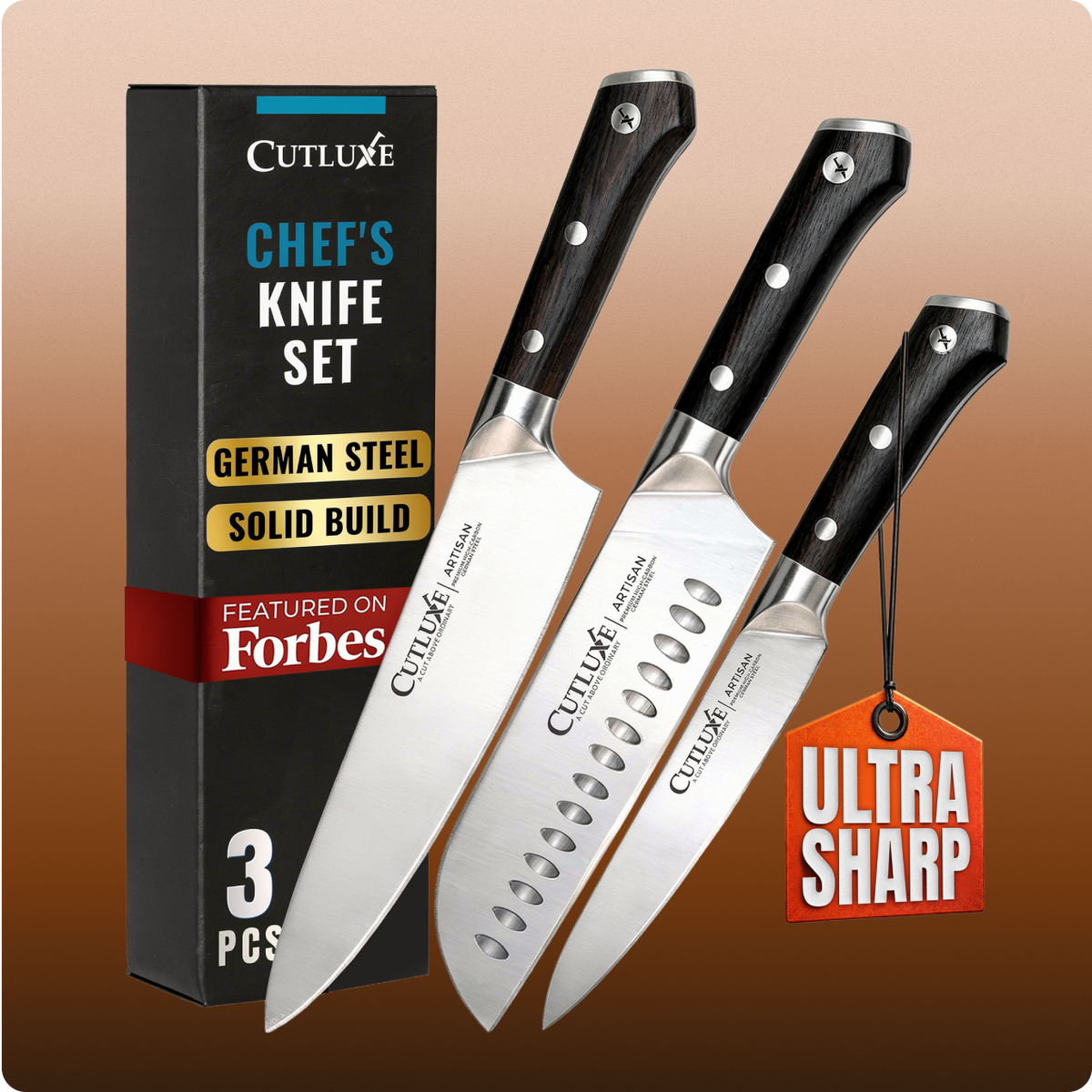 Product image 1 of 11: Ultra sharp German steel chef's knife set with solid build, 3 pieces, featured on Forbes