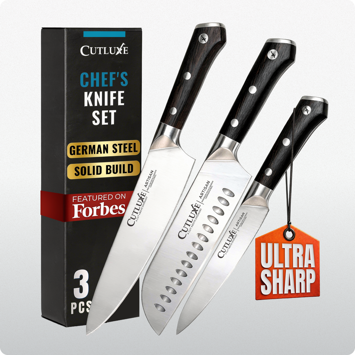 Product image 11 of 11: 3-piece chef's knife set with German steel blades, solid build, ultra sharp, in black packaging