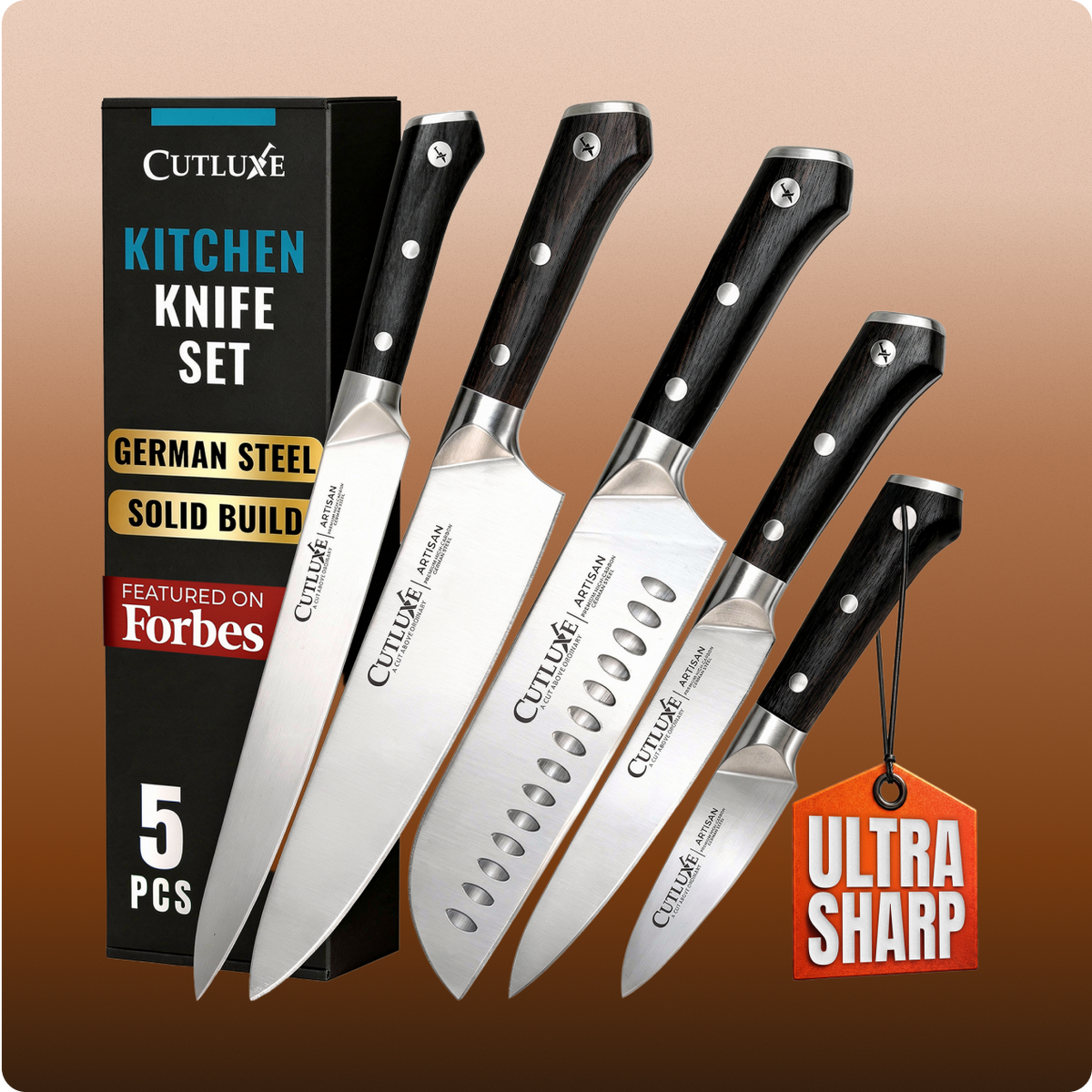 Product image 1 of 10: 5-piece German steel kitchen knife set with ultra-sharp blades and solid build for home cooks and chefs