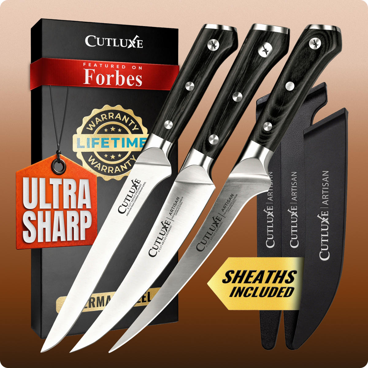Product image 1 of 10: Ultra sharp Cutluxe Artisan kitchen knives with sheaths, lifetime warranty, featured on Forbes