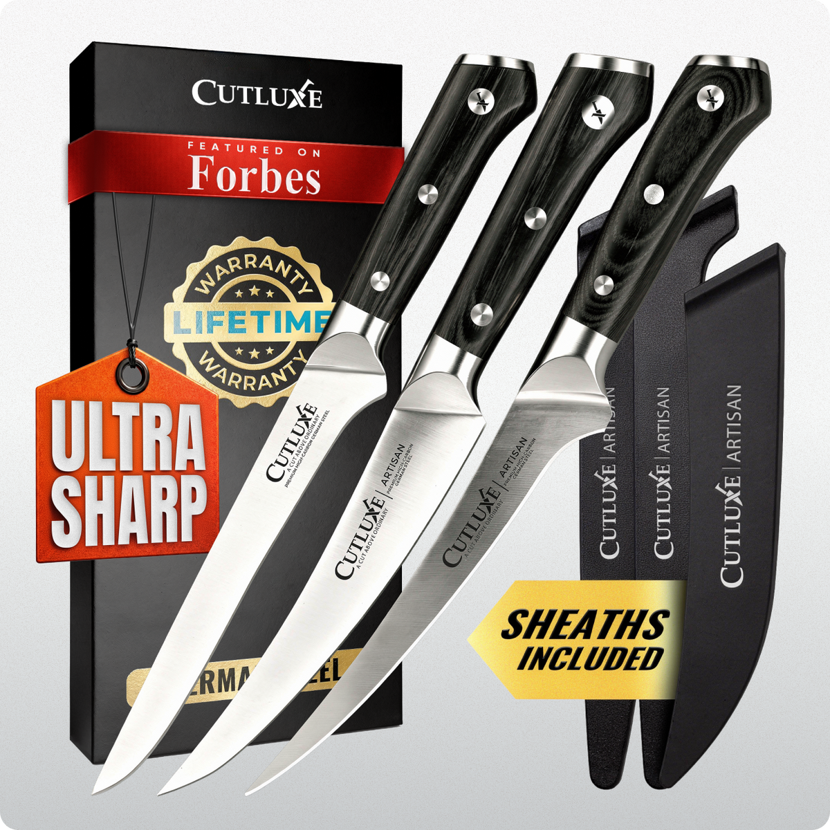Product image 10 of 10: Ultra sharp Cutluxe artisan kitchen knives with sheaths, lifetime warranty, featured on Forbes
