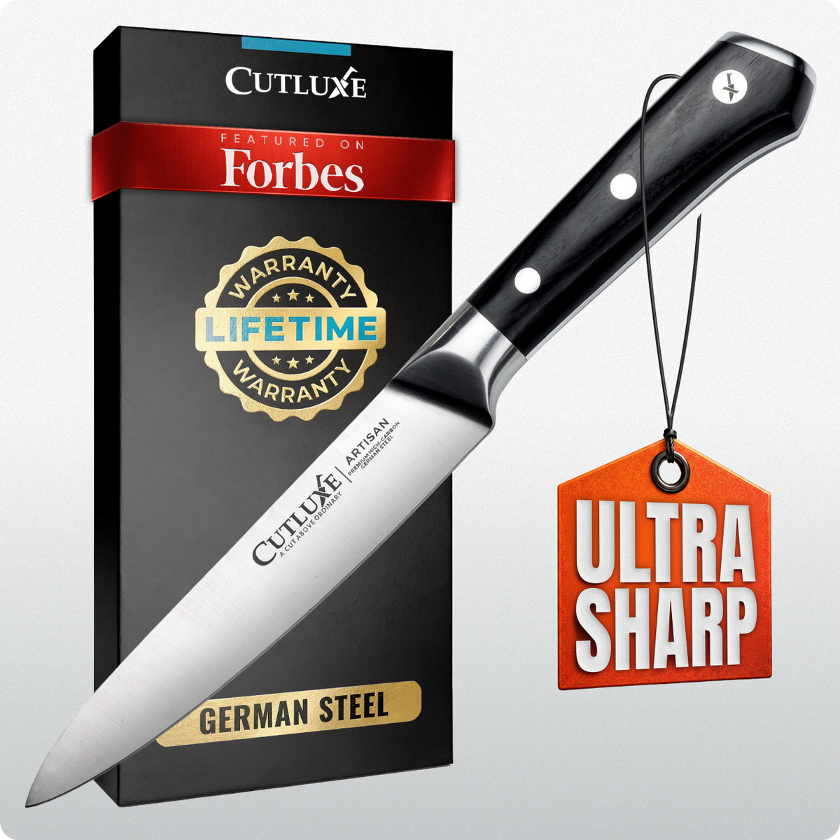 Product image 8 of 8: Ultra sharp German steel kitchen knife with lifetime warranty, featured on Forbes