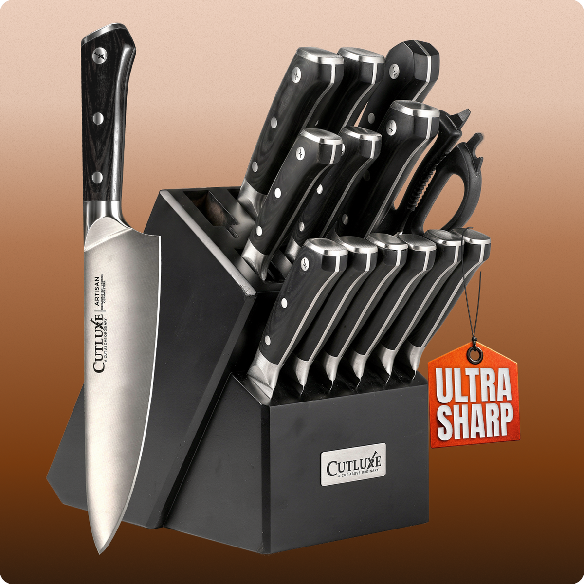 Product image 1 of 26: Ultra sharp kitchen knife set with black block, ideal for home cooks and chefs