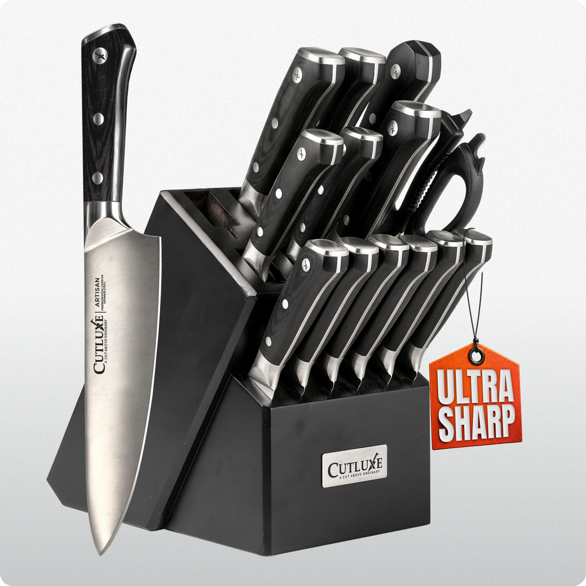 Product image 24 of 26: Ultra sharp kitchen knife set with black block, stainless steel blades, and ergonomic handles for home chefs