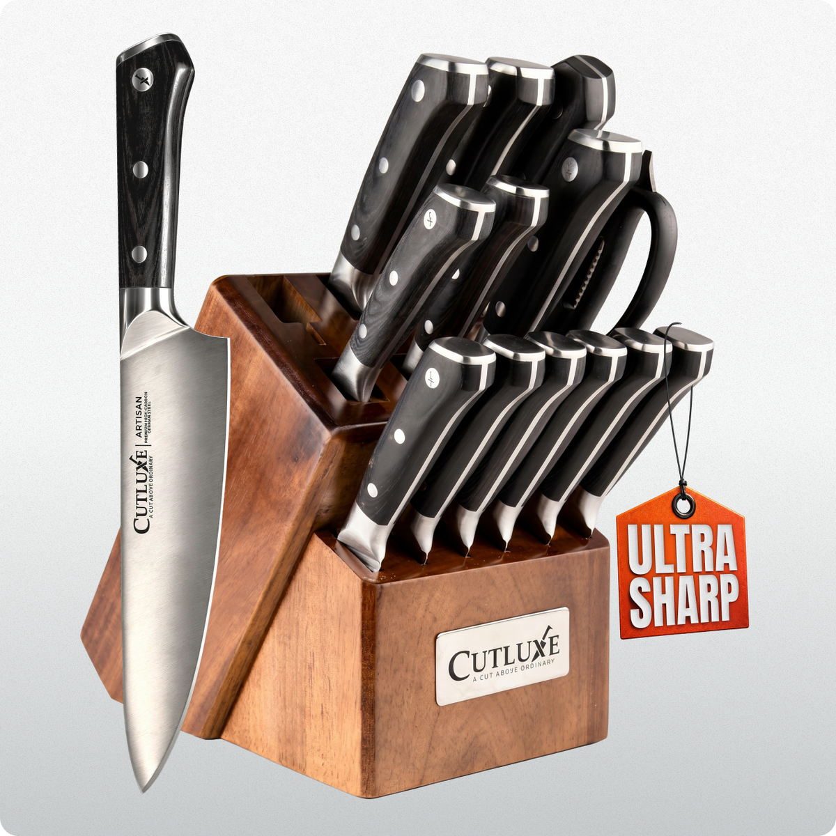 Product image 16 of 26: Ultra sharp kitchen knife set with wooden block, ideal for home cooks and chefs