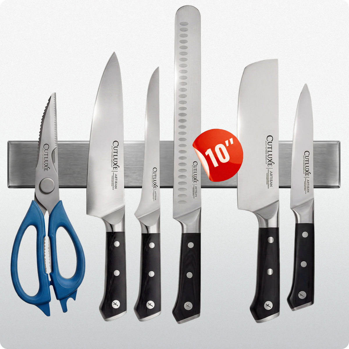 Product image 10 of 10: Cutluxe kitchen knives set with magnetic strip, including 10-inch chef knife and blue-handled scissors