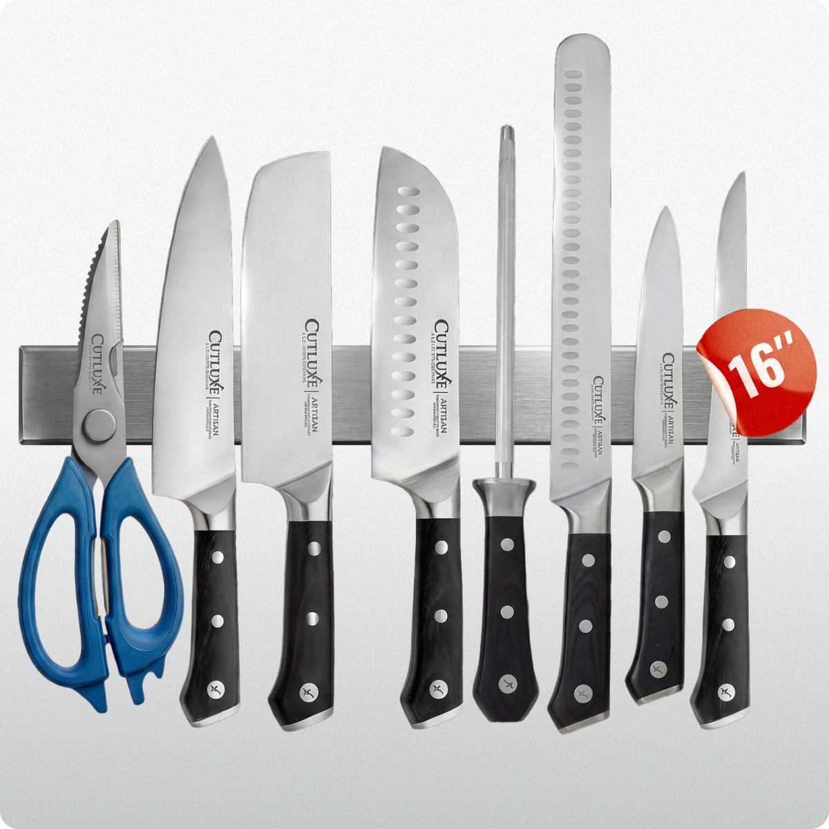 Product image 9 of 9: Cutluxe Artisan kitchen knife set with magnetic strip, featuring chef, santoku, bread knives & shears for home cooks