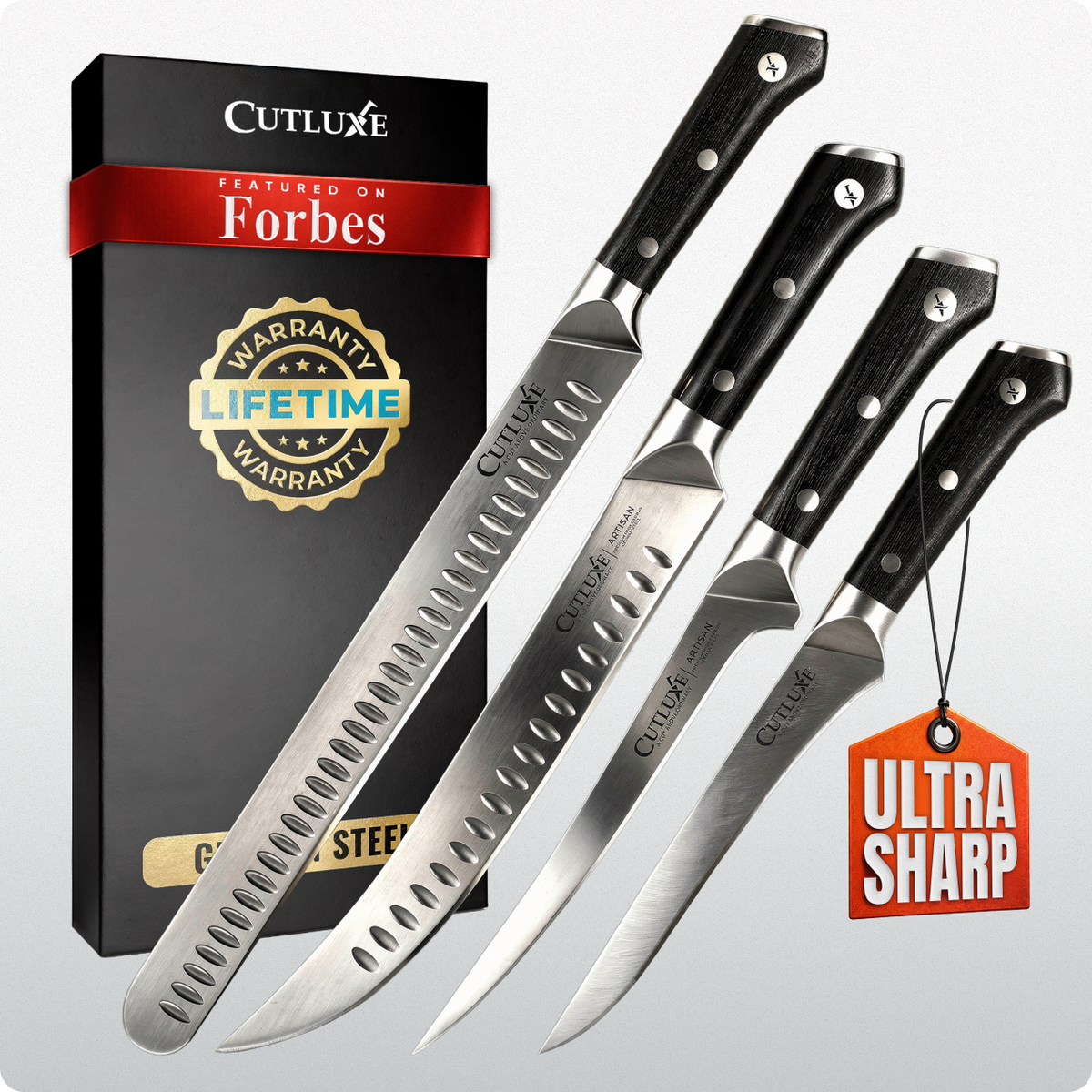 Product image 12 of 12: Ultra sharp kitchen knives with black handles, lifetime warranty, featured on Forbes, ideal for home cooks and chefs