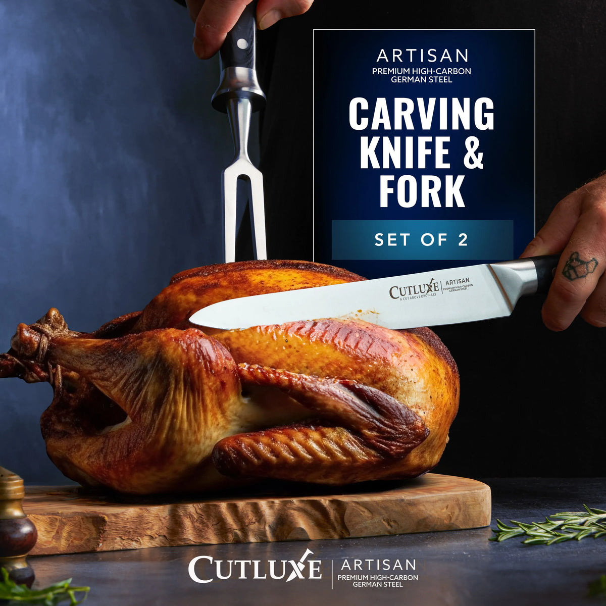 Product image 10 of 11: Artisan carving knife and fork set slicing roasted turkey on wooden board