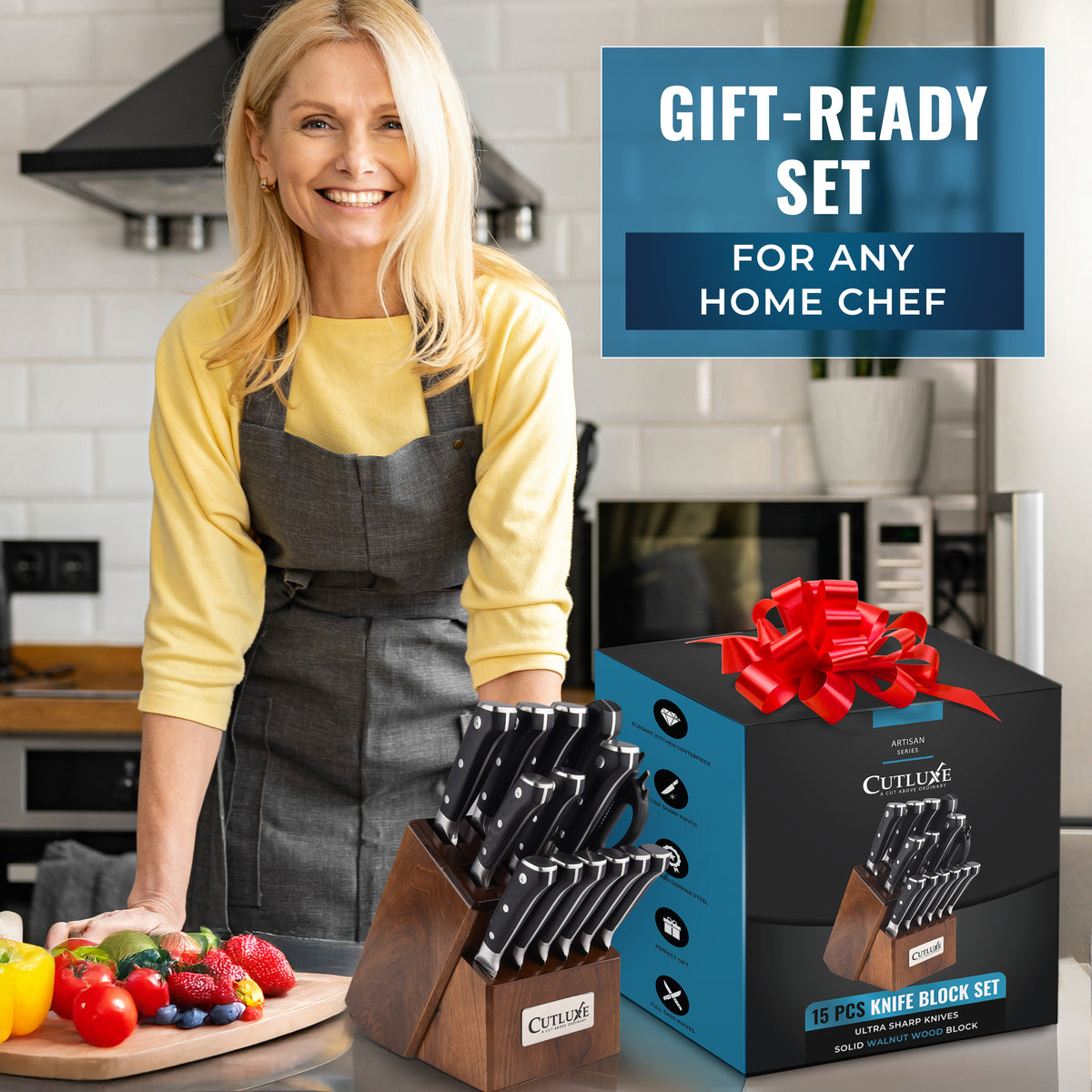 Product image 8 of 26: 15-piece ultra sharp kitchen knife set in solid walnut block, gift-ready for home chefs