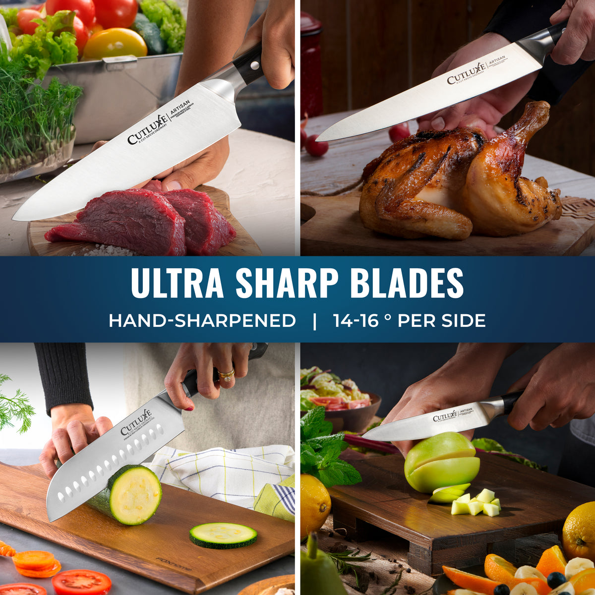 Product image 6 of 26: Ultra sharp kitchen knives slicing meat, chicken, zucchini, and apples for home cooks and chefs