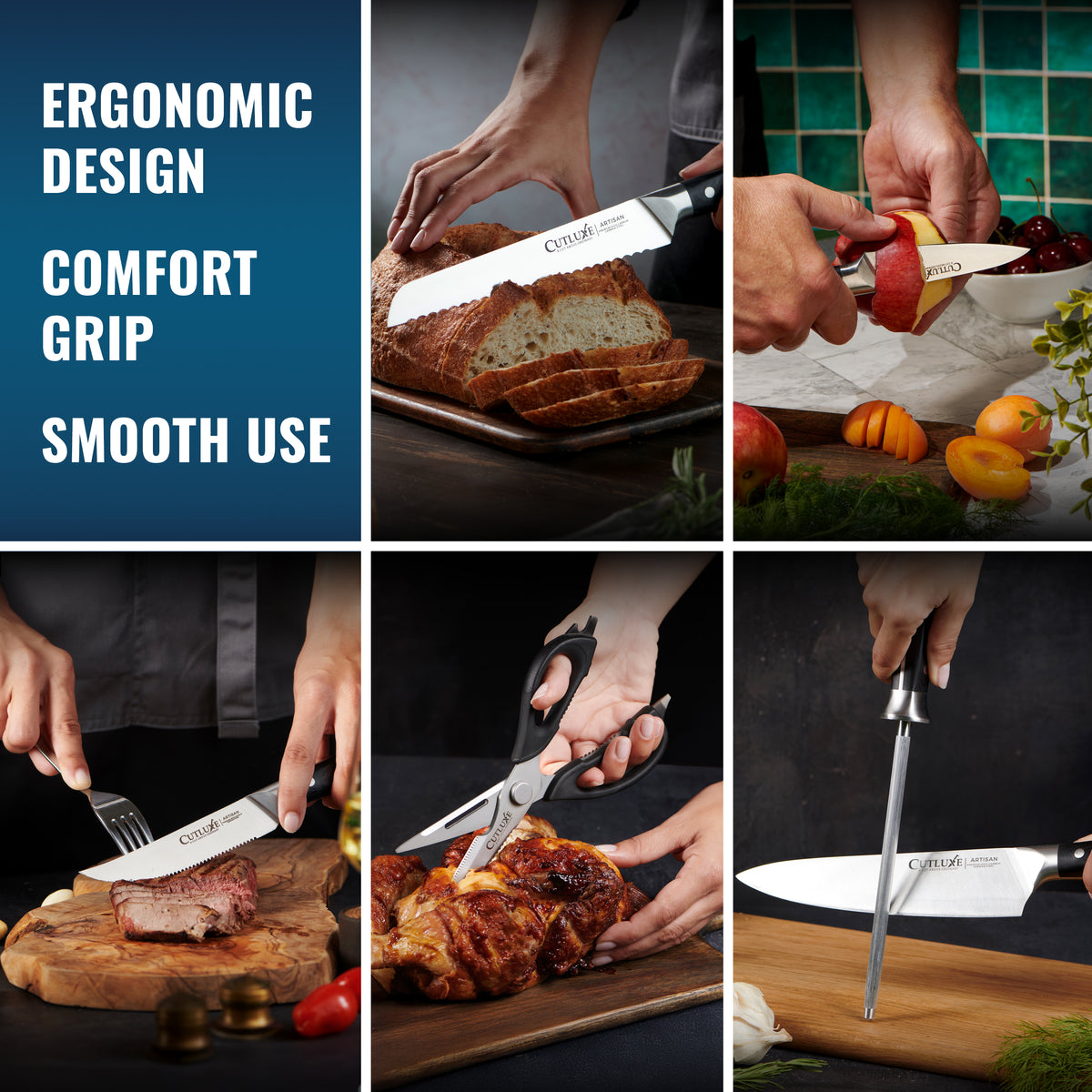 Product image 13 of 26: Ergonomic kitchen knives slicing bread, fruit, steak, and poultry with comfort grip and smooth use