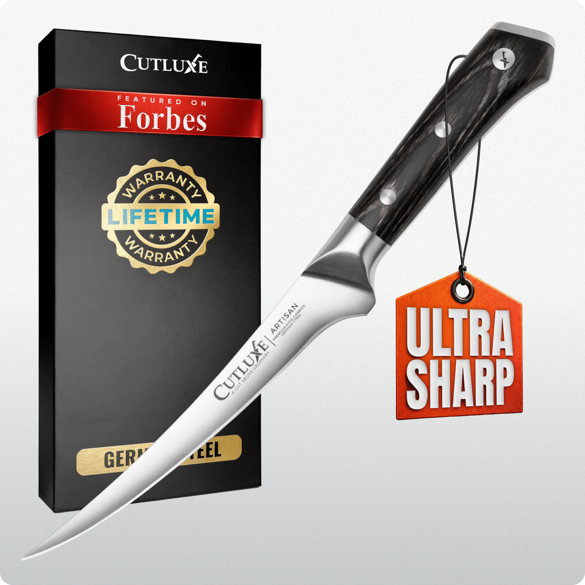 Product image 6 of 6: Ultra sharp artisan kitchen knife with lifetime warranty, German steel, featured on Forbes