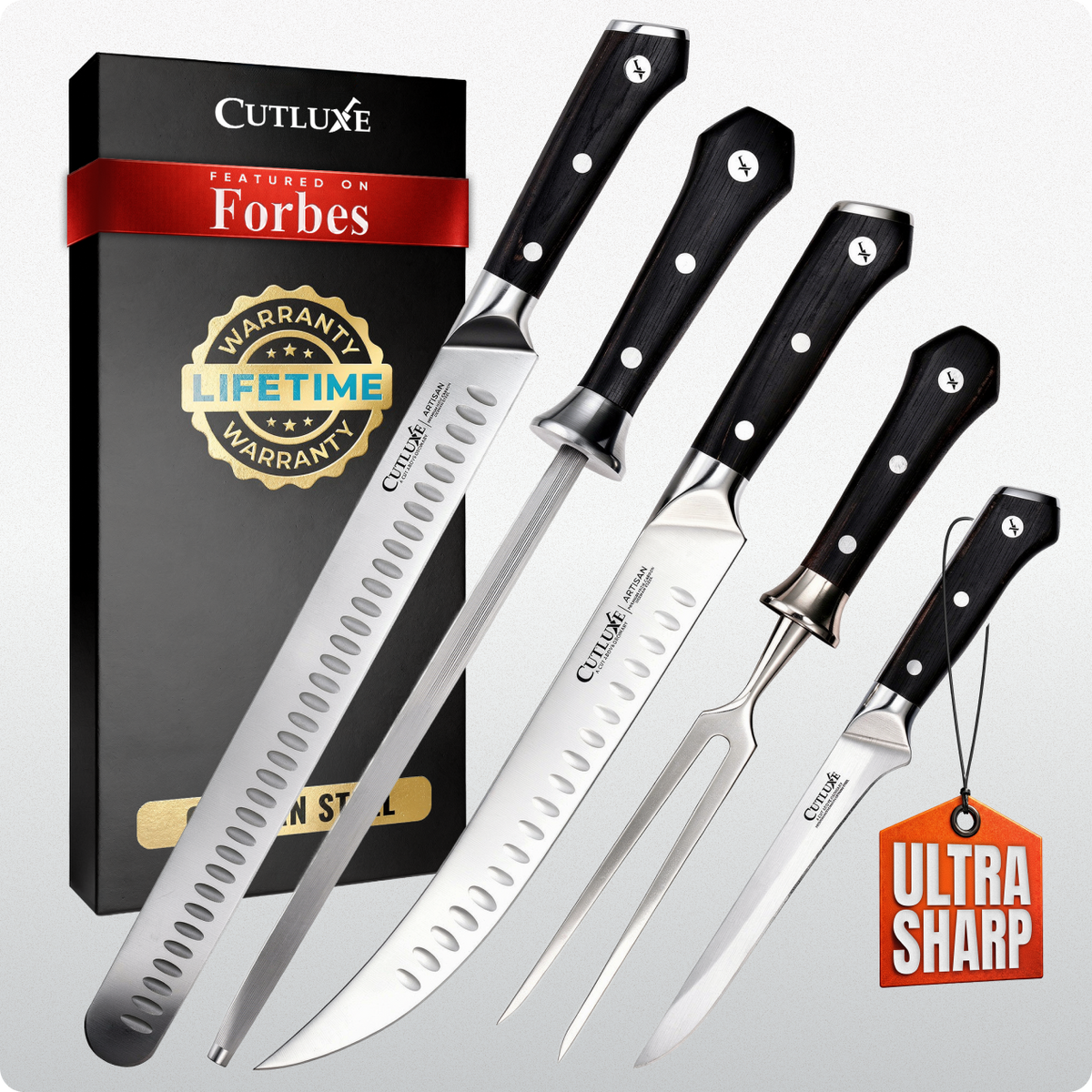 Product image 10 of 10: Ultra sharp kitchen knife set with black handles, lifetime warranty, featured on Forbes