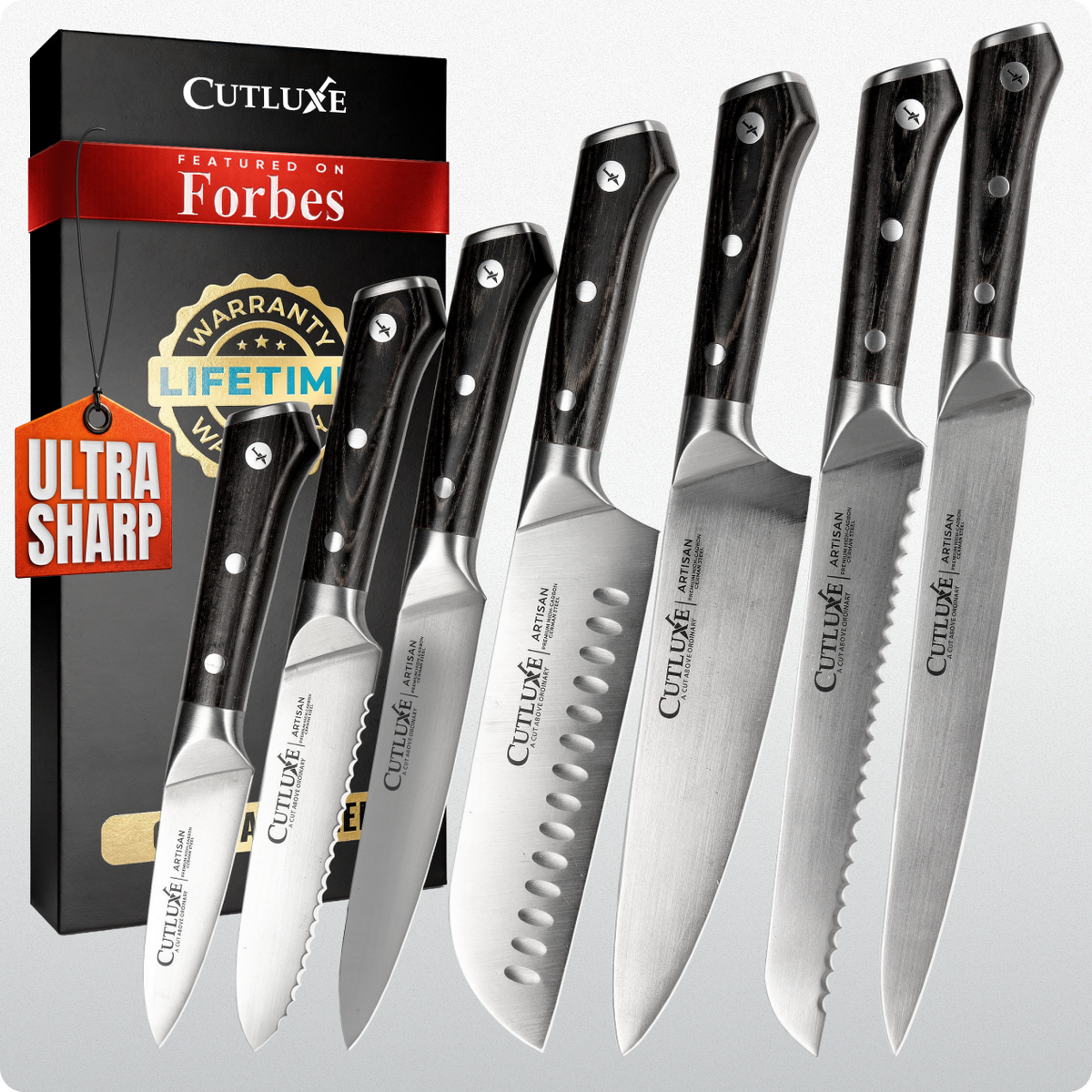 Product image 6 of 6: Ultra sharp kitchen knives set with black handles, stainless steel blades, lifetime warranty, featured on Forbes