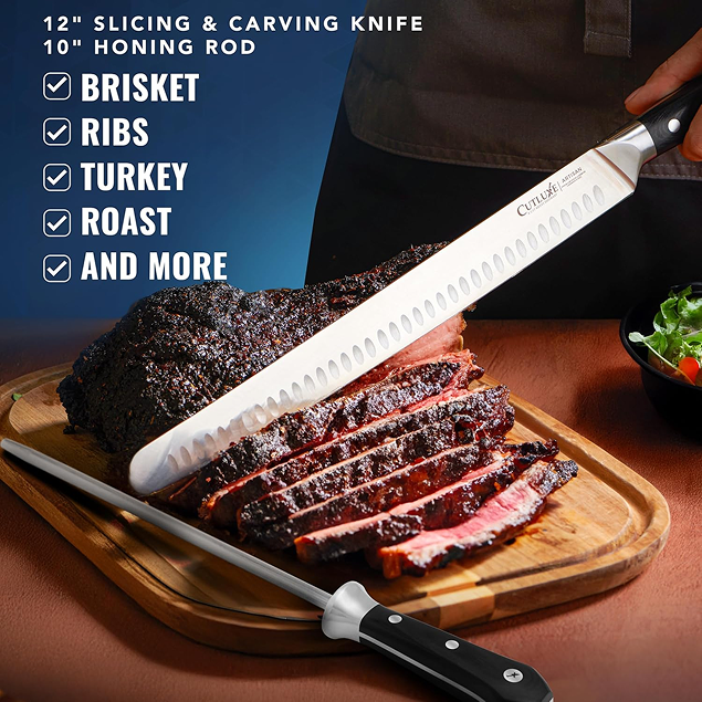 Product image 4 of 5: 12-inch slicing and carving knife cutting brisket on wooden board with honing rod