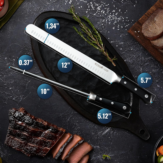 Product image 2 of 5: Professional 12-inch serrated bread knife with black handle, shown with dimensions and sliced meat on dark slate