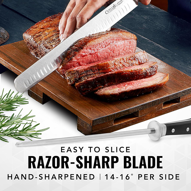 Product image 3 of 5: Razor-sharp kitchen knife slicing medium-rare steak on wooden board, hand-sharpened blade
