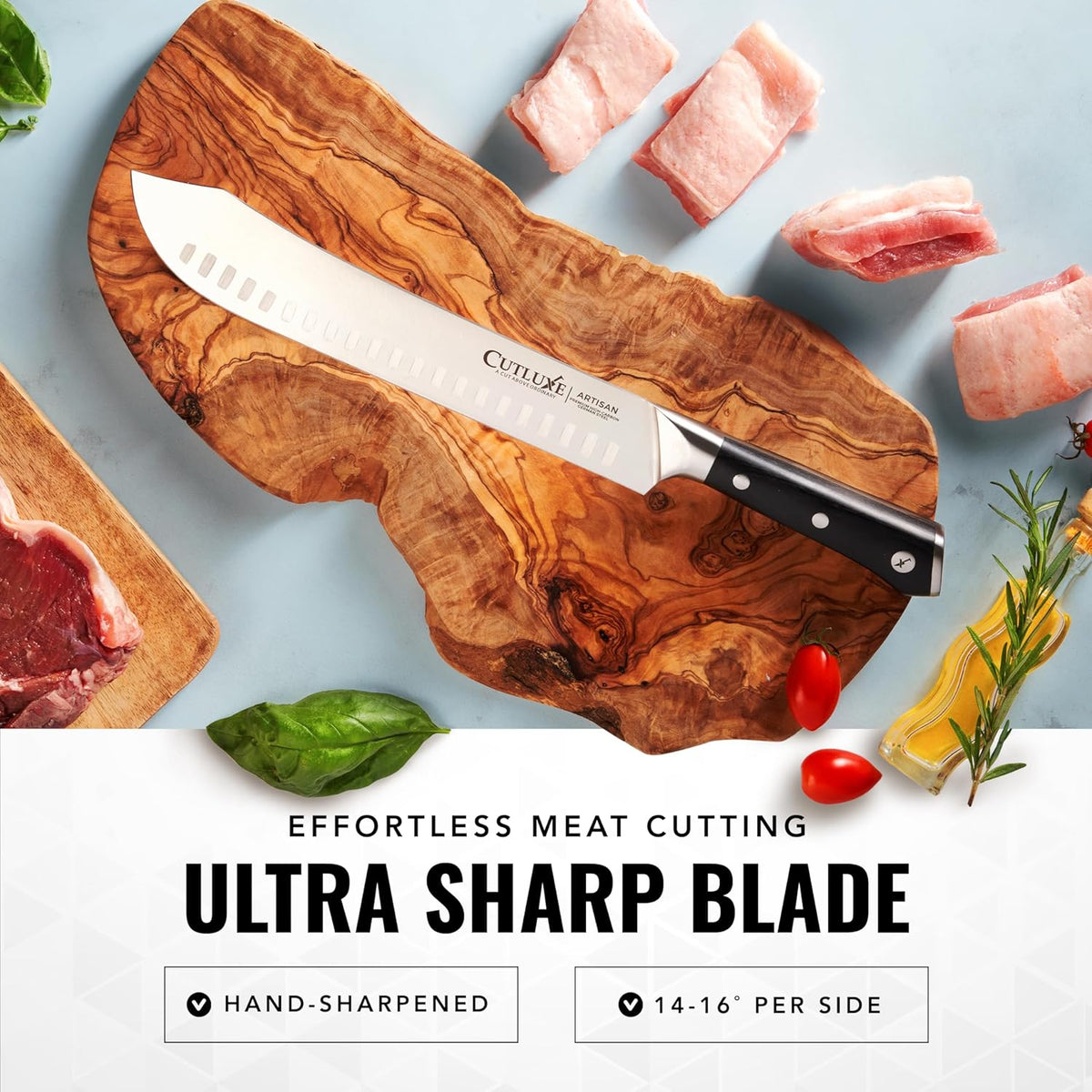 Product image 3 of 8: Ultra sharp kitchen knife on wooden board with meat and herbs for effortless cutting