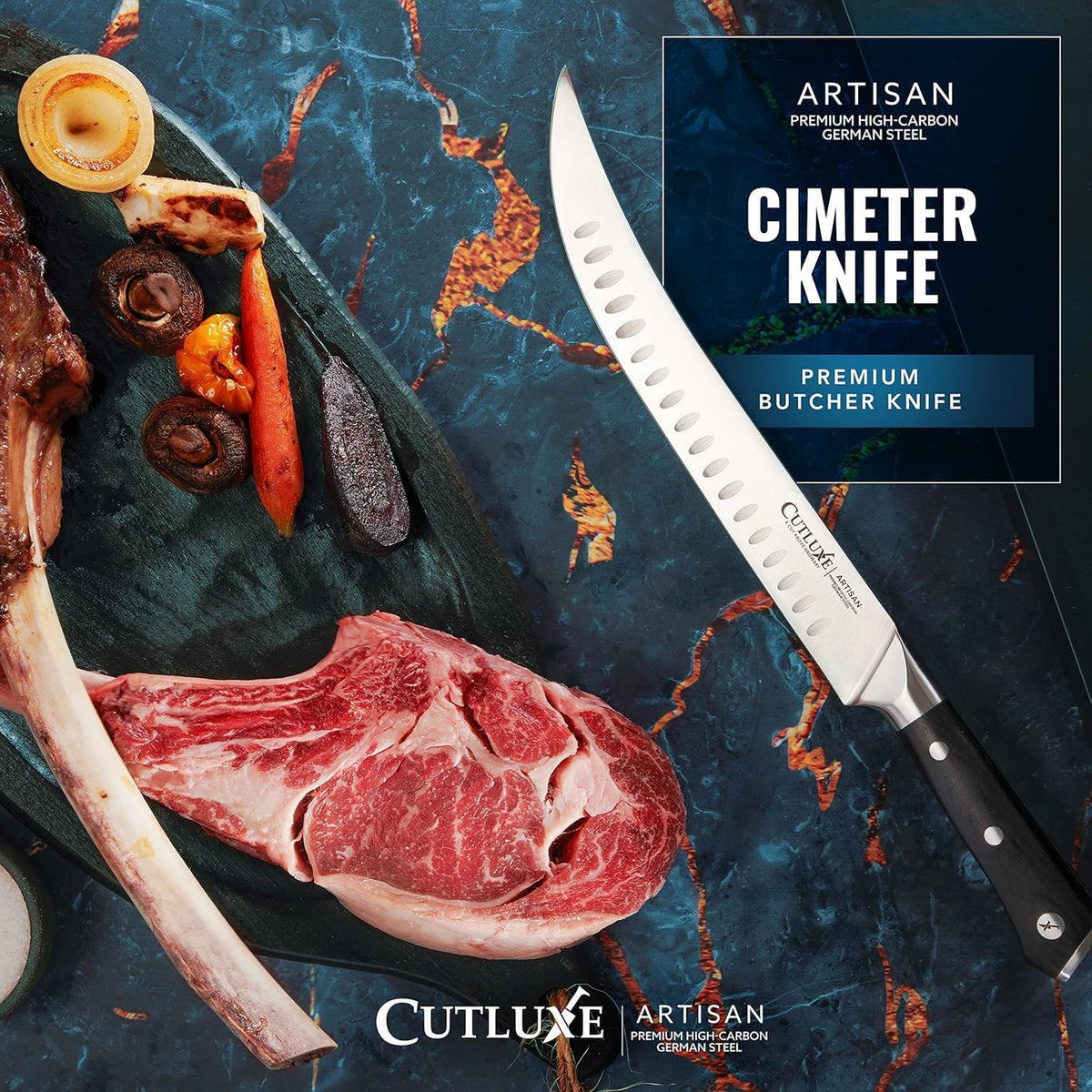 Product image 4 of 7: Cimeter knife with premium high-carbon German steel blade beside raw steak and roasted vegetables on dark marble
