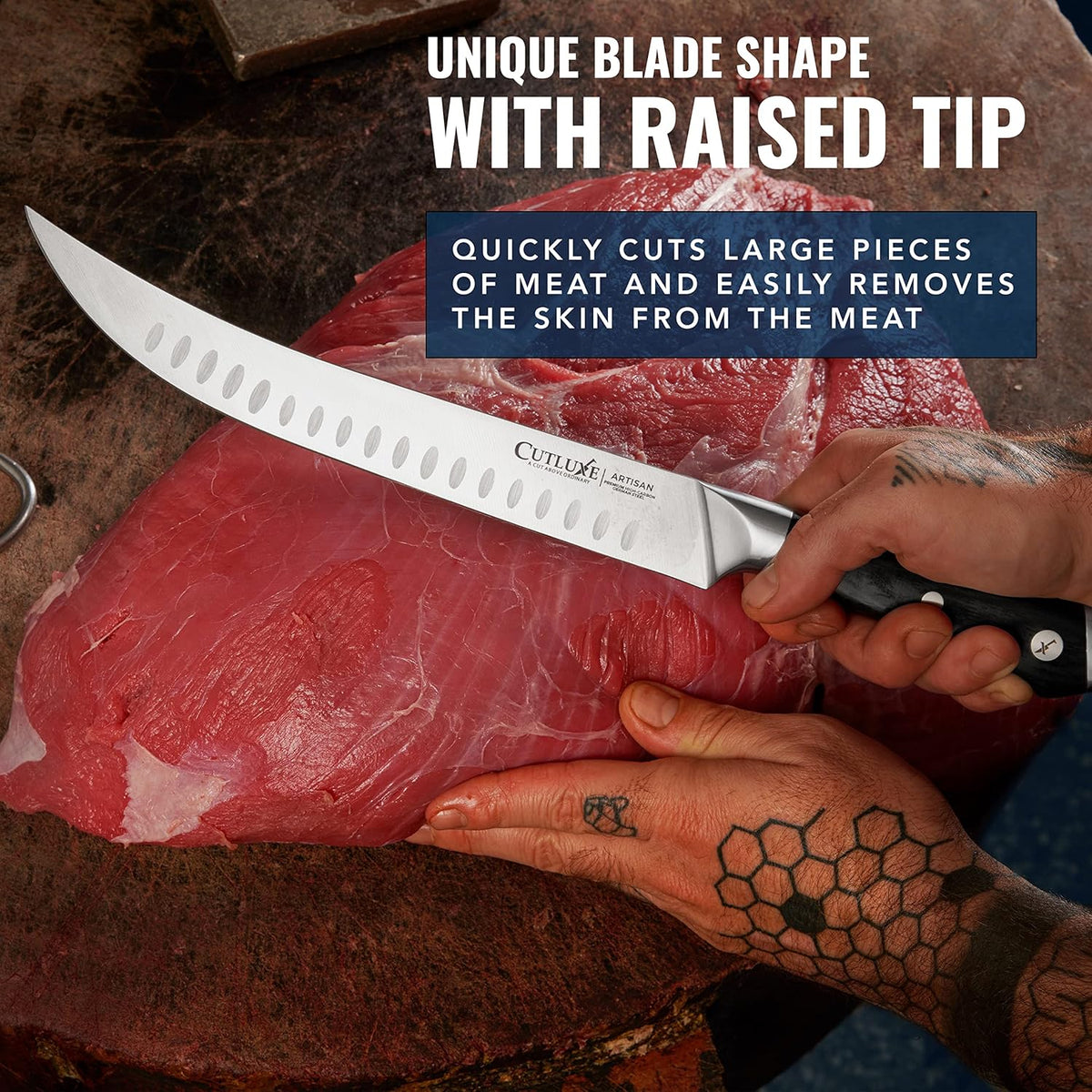 Product image 5 of 7: Chef slicing raw meat with a sharp, curved boning knife featuring a raised tip and hollow ground edge.