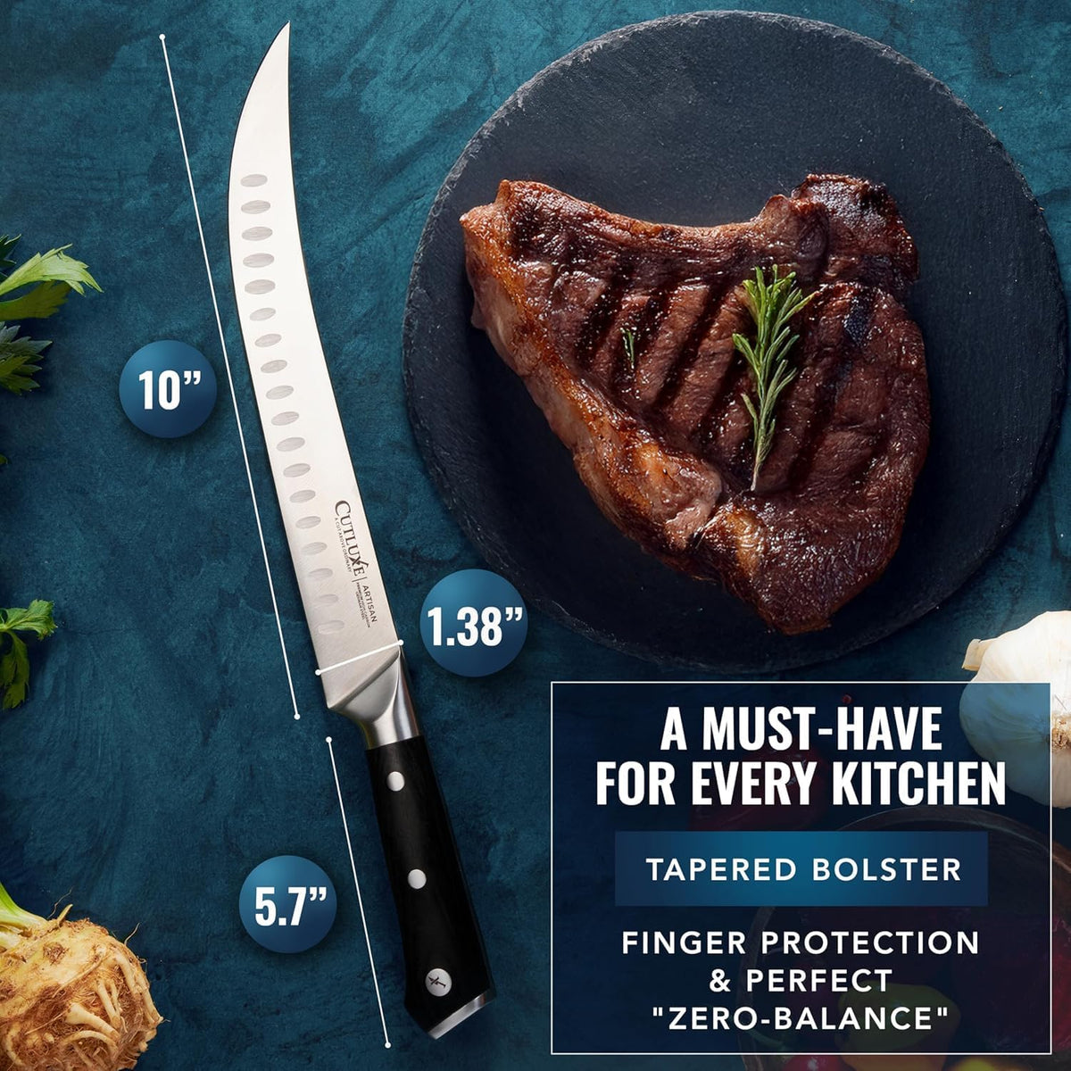 Product image 2 of 7: 10-inch kitchen knife with tapered bolster beside grilled steak on slate plate