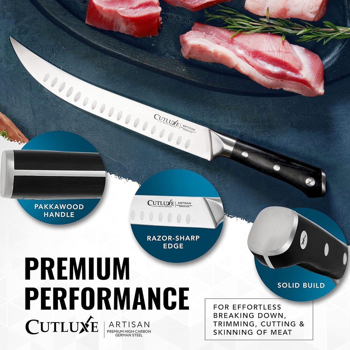 Product image 6 of 7: Premium high-carbon German steel knife with Pakkawood handle for effortless meat cutting and trimming