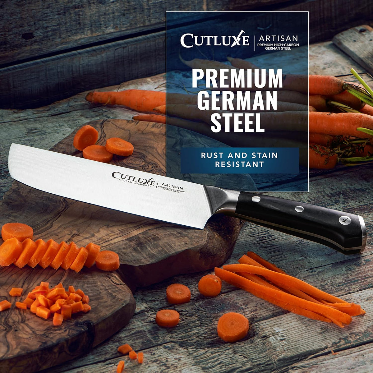 Product image 4 of 6: Premium German steel kitchen knife slicing carrots on wooden cutting board, rust and stain resistant