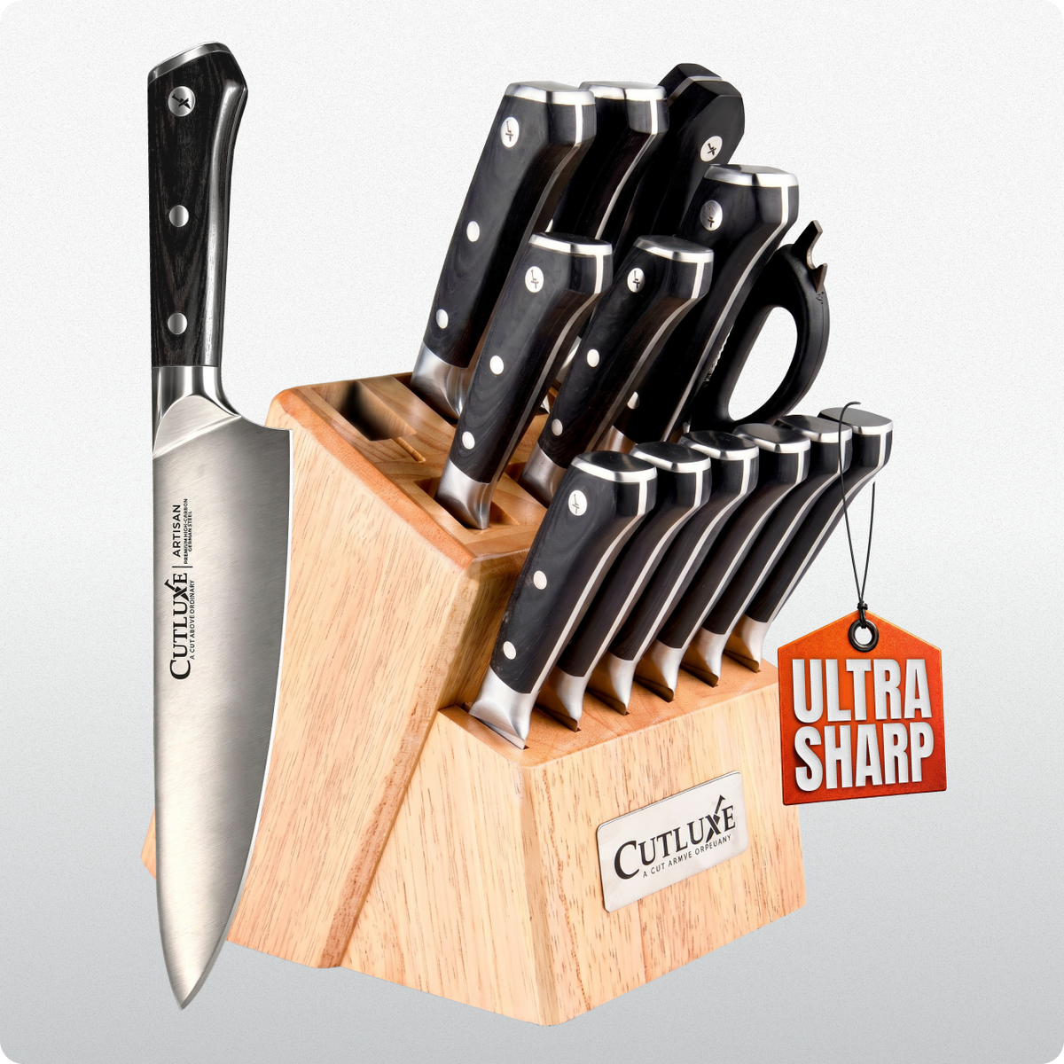 Product image 23 of 26: Ultra sharp kitchen knife set with wooden block, ideal for home cooks and chefs