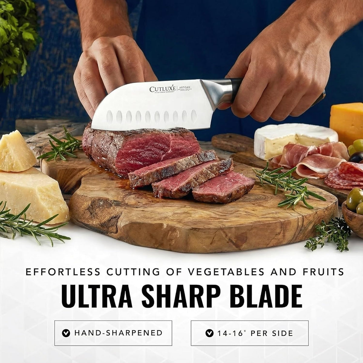Product image 3 of 6: Ultra sharp kitchen knife slicing steak on wooden board with cheese and herbs