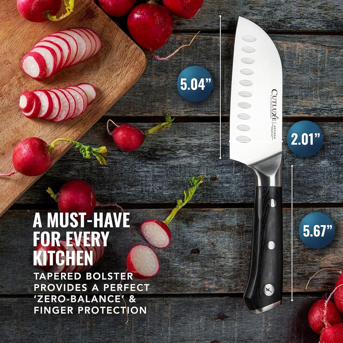 Product image 2 of 6: 5.04-inch santoku knife with dimpled blade and black handle, sliced radishes on wood board