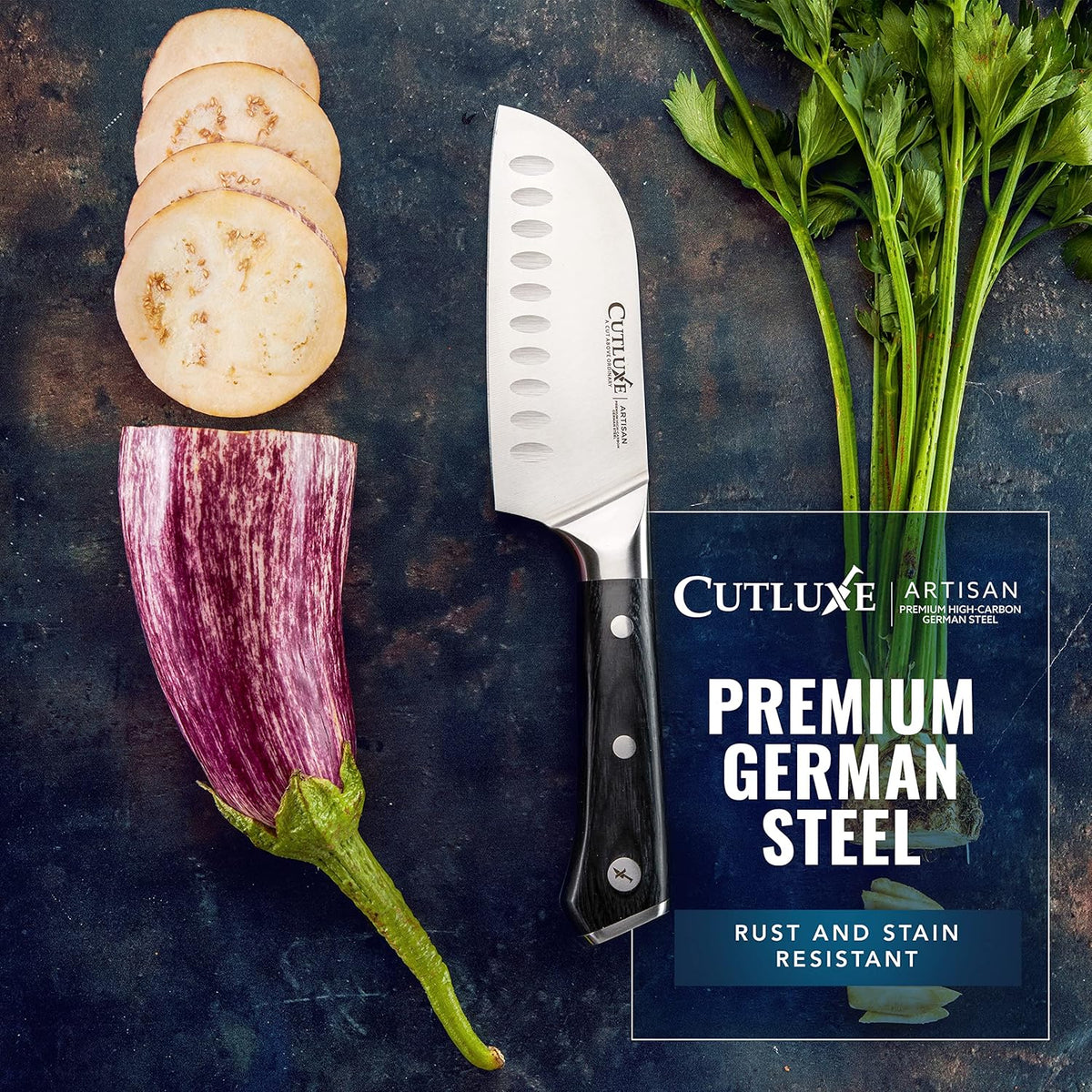 Product image 4 of 6: Premium German steel kitchen knife slicing eggplant with fresh celery, rust and stain resistant
