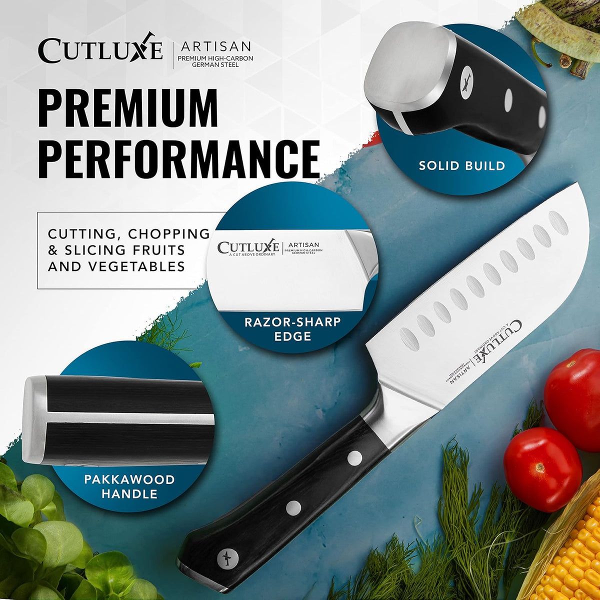 Product image 5 of 6: Premium kitchen knife with razor-sharp edge, pakkawood handle, ideal for slicing fruits and vegetables