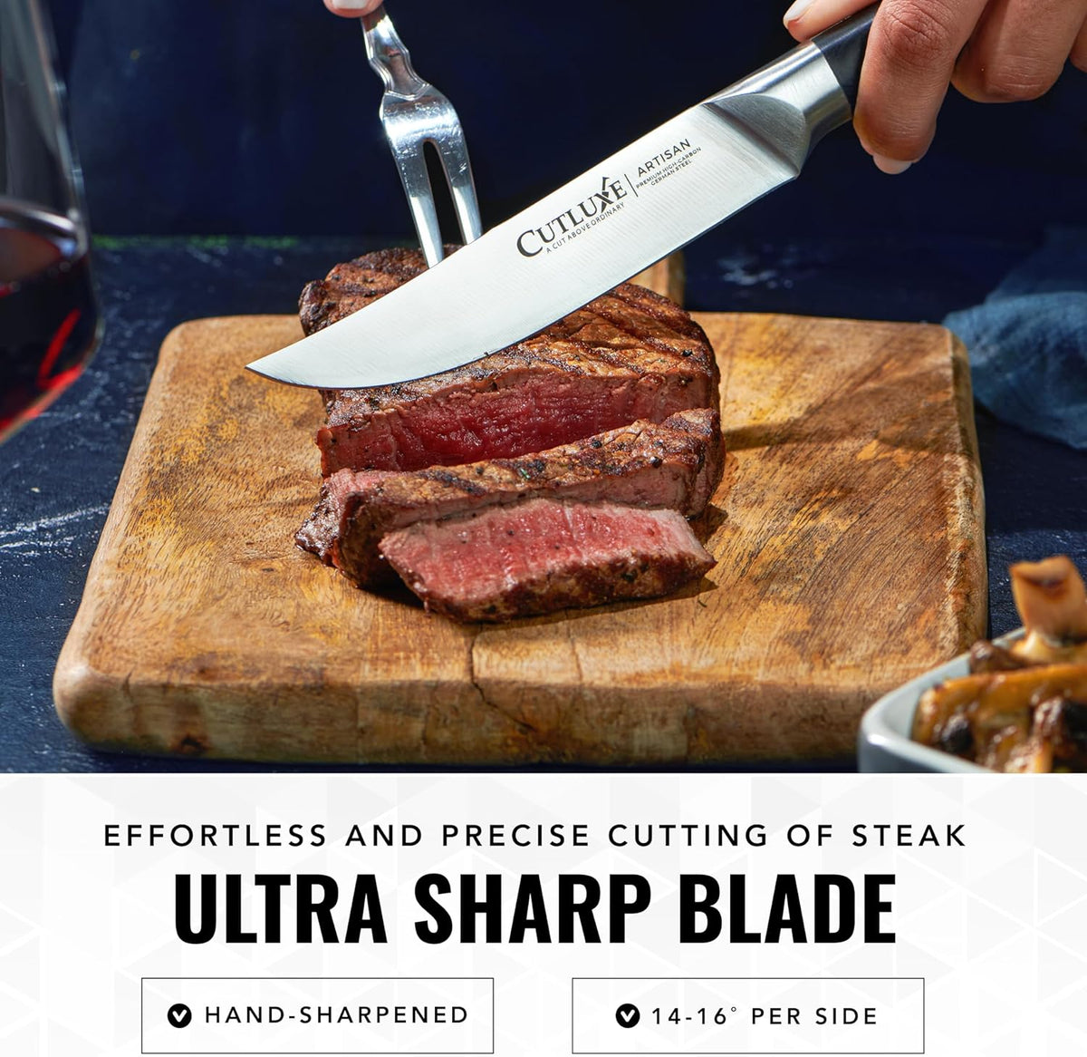 Product image 2 of 8: Ultra sharp knife slicing medium-rare steak on wooden cutting board