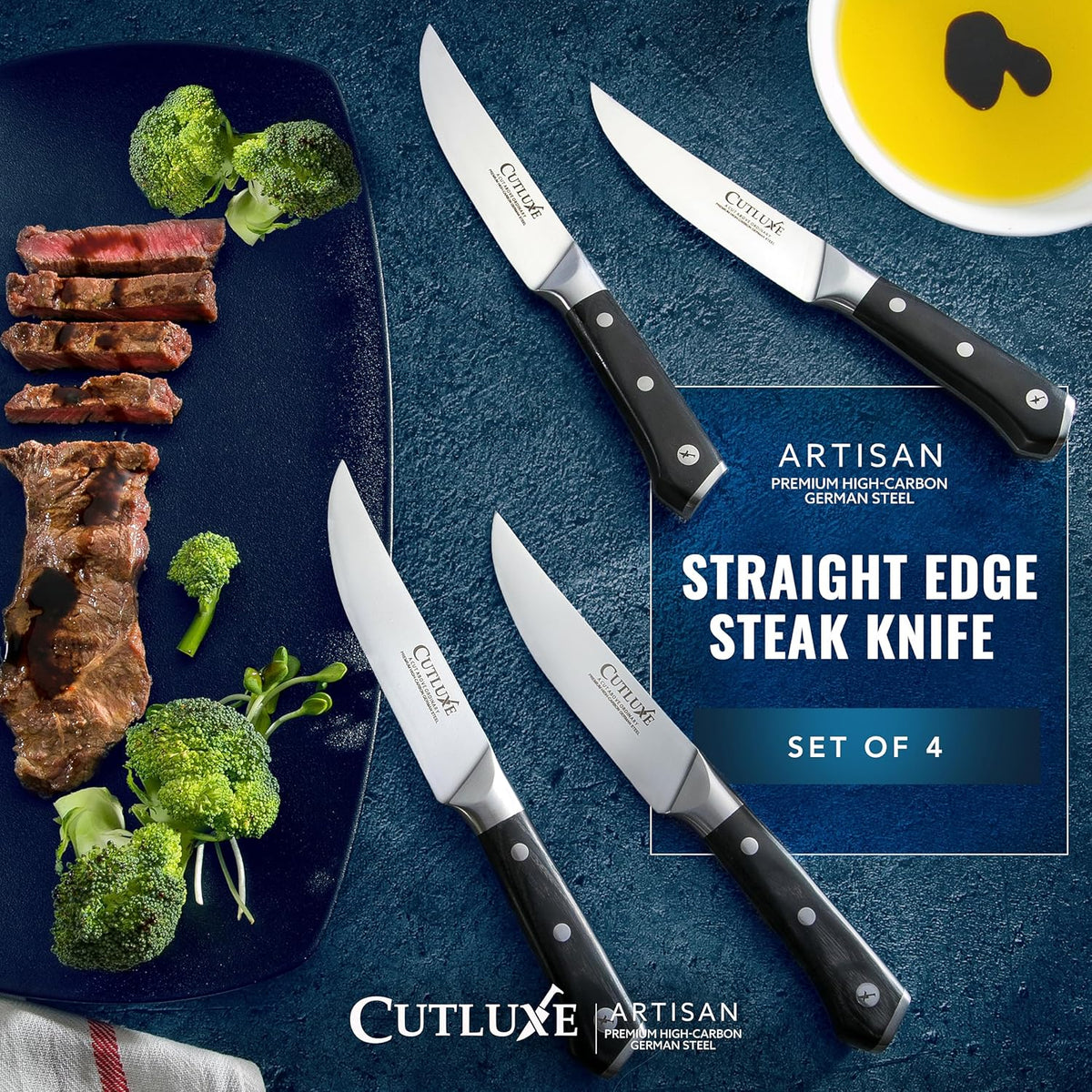 Product image 3 of 8: Set of 4 straight edge steak knives with premium high-carbon German steel, paired with sliced steak and broccoli