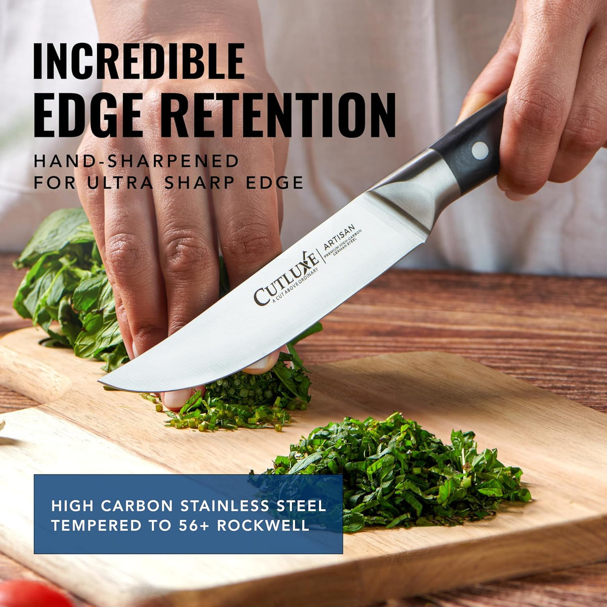 Product image 4 of 8: Hand-sharpened kitchen knife slicing herbs on wooden cutting board, high carbon stainless steel