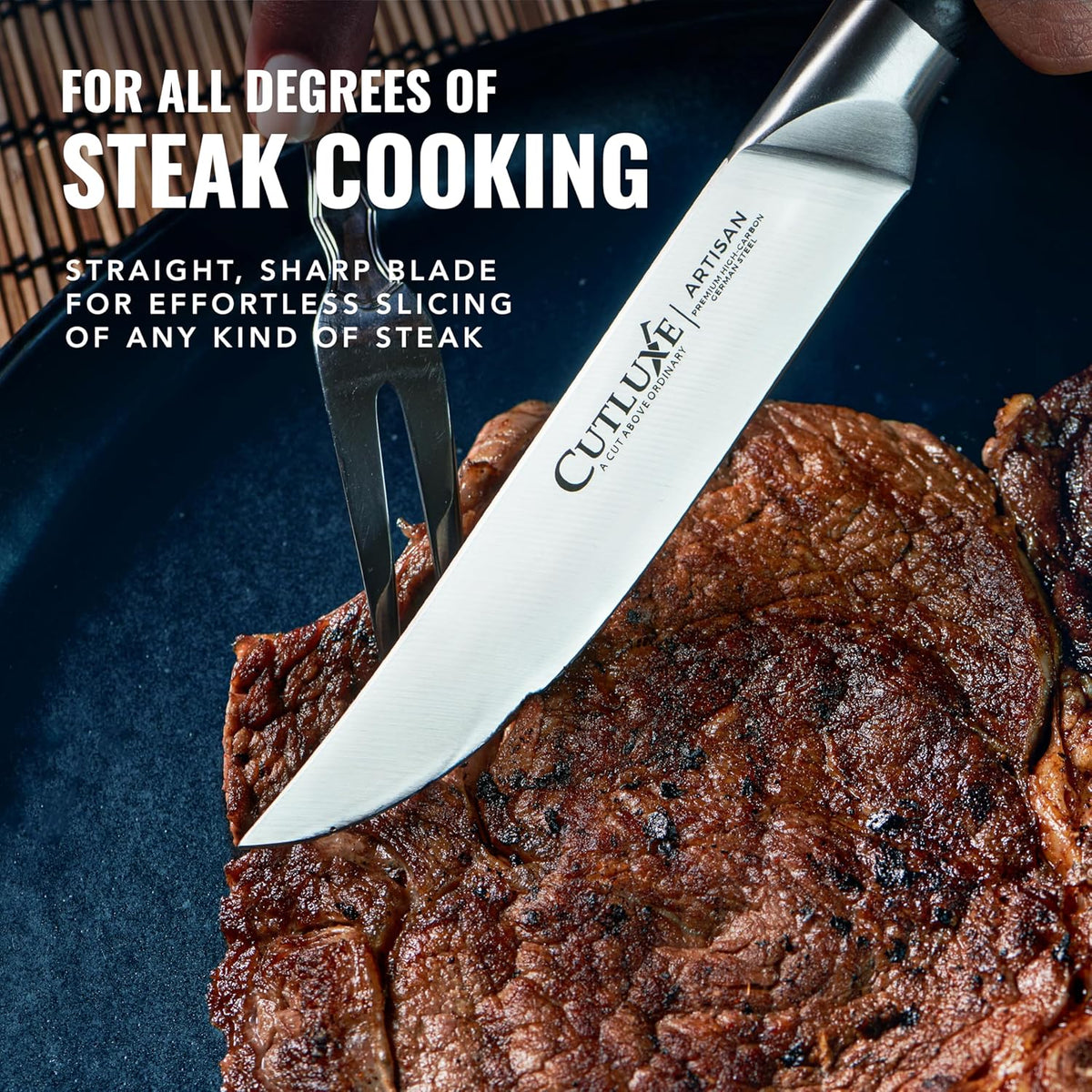 Product image 5 of 8: Sharp steak knife slicing cooked steak, ideal for all cooking degrees