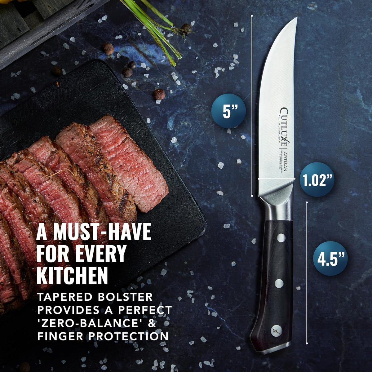 Product image 6 of 8: 5-inch kitchen knife with tapered bolster, ideal for slicing steak, perfect for home cooks and chefs