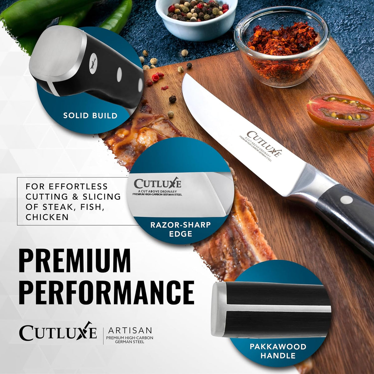 Product image 7 of 8: Premium kitchen knife with razor-sharp edge, pakkawood handle, slicing steak on wooden board