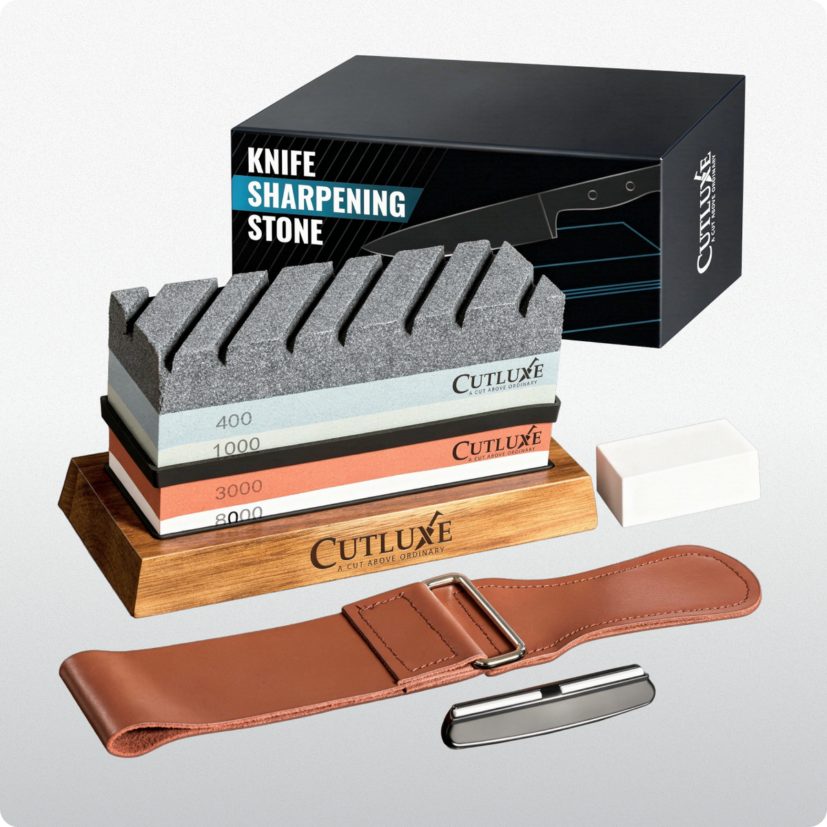 Product image 9 of 9: Knife sharpening stone set with 400-8000 grit stones, leather strop, and honing steel for kitchen knives
