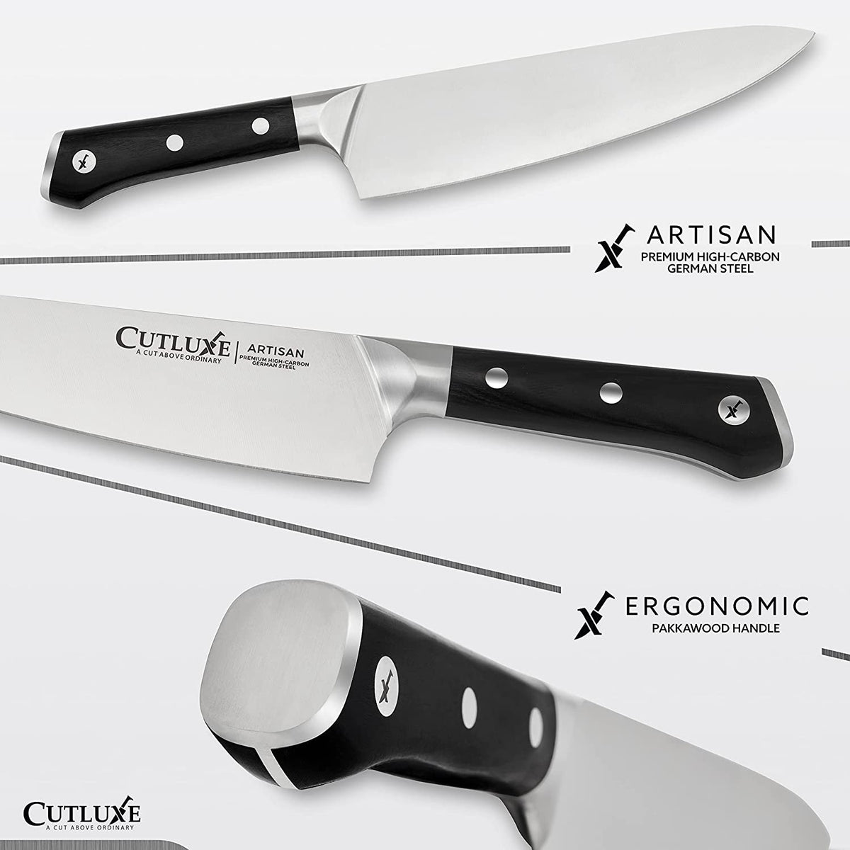 Product image 2 of 9: Artisan chef knife with premium high-carbon German steel blade and ergonomic Pakkawood handle for home cooks and chefs